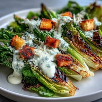 Grilled Caesar Salad: smoky charred romaine, creamy dressing, and crunchy Parmesan croutons.
