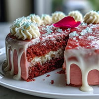 Elegant Bridal Shower Rosé Velvet Cake glistening with edible gold drip.